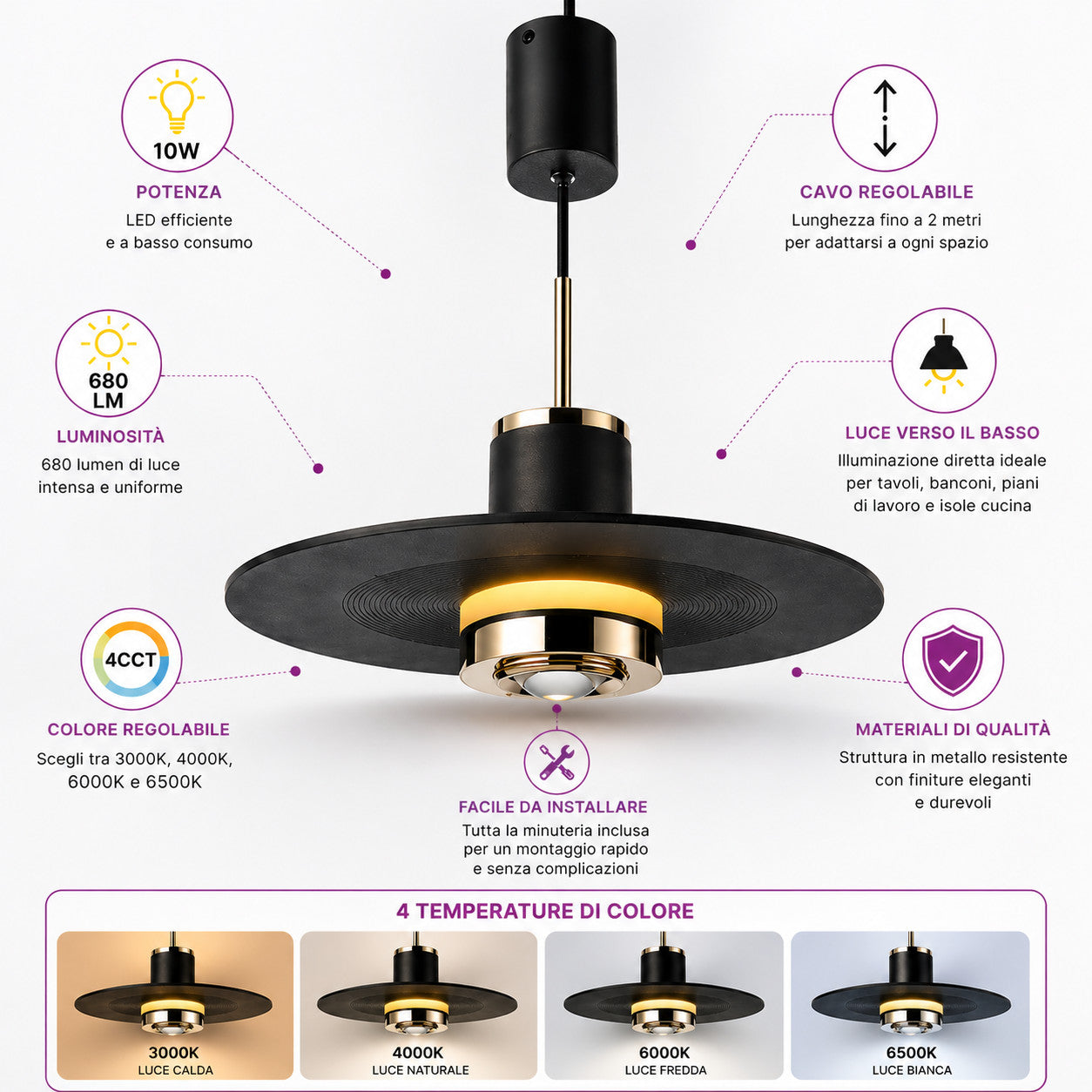 LAMPADARIO LED SOSPENSIONE MODERNO NERO ORO 10W DIMMERABILE CCT REGOLABILE LP022
