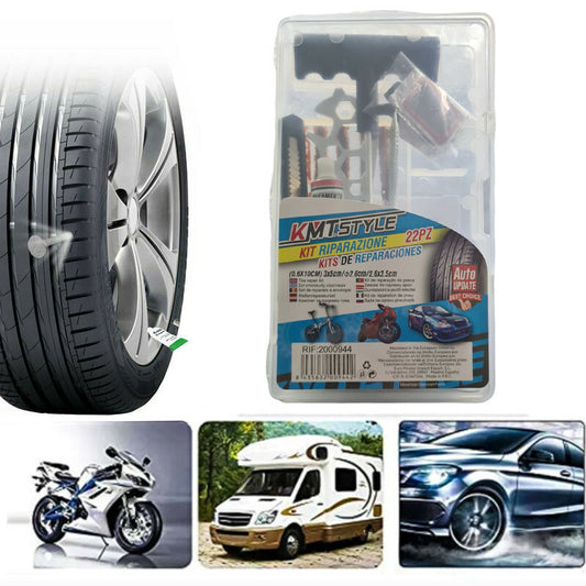 KIT DE RÉPARATION PNEUS VOITURE MOTO VÉLO CREVAISON 22 PIÈCES 0.6X10CM