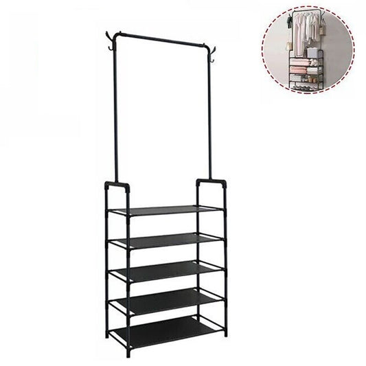 PORTE-MANTEAU PORTE-MANTEAUX ÉTAGÈRE À CHAUSSURES 5 NIVEAUX PORTE-CHAPEAUX MÉTAL NOIR