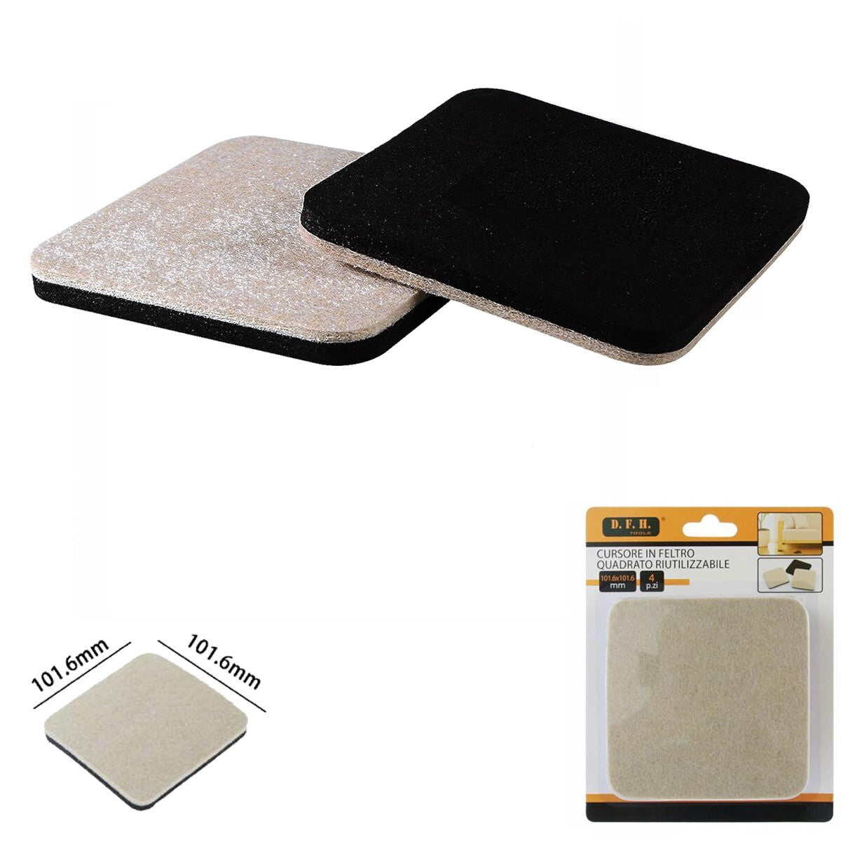 4 PATINS CARRÉS EN FEUTRE POUR MEUBLES CHAISES PROTECTION 10.2 CM 74246