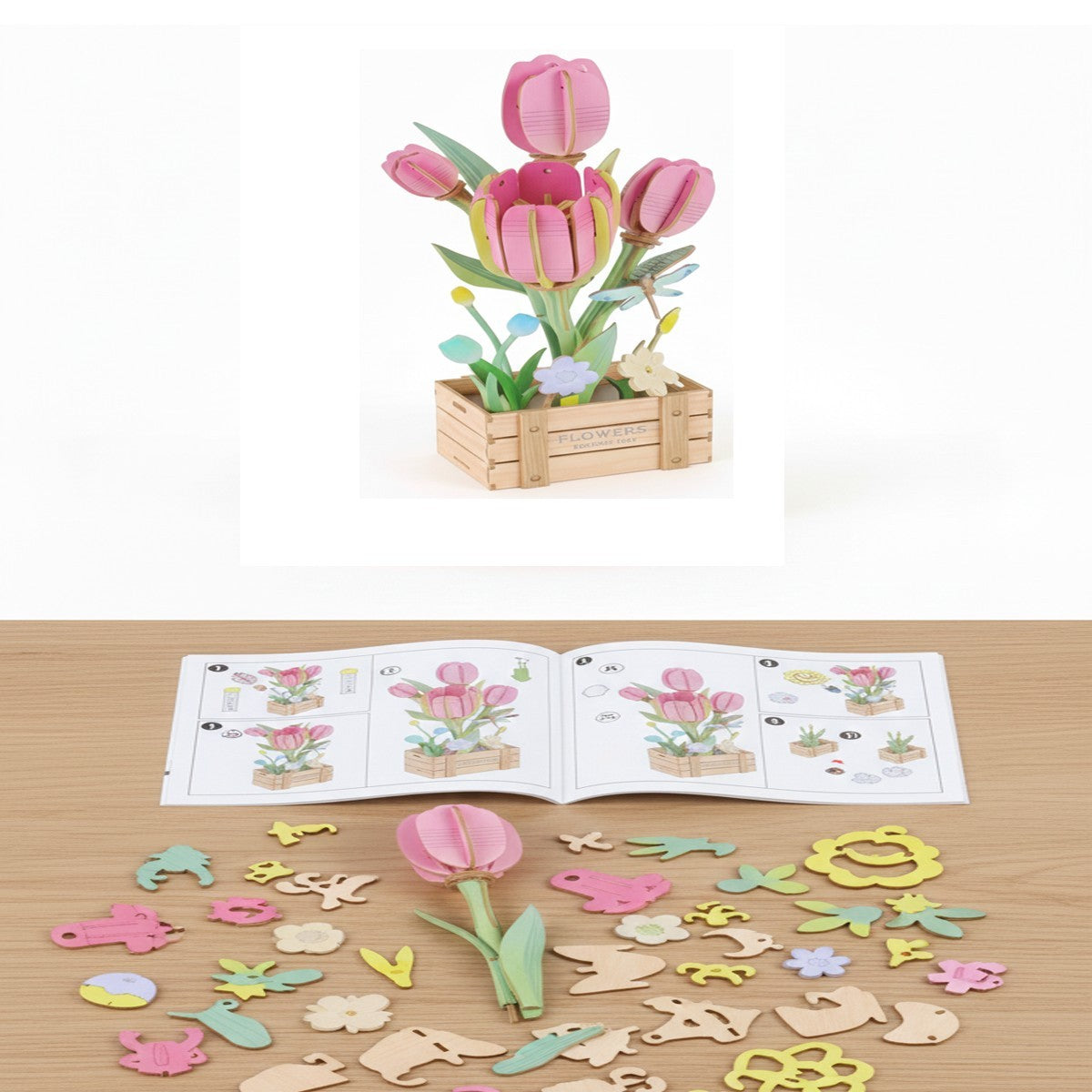 PUZZLE 3D TULIPANI ROSA LEGNO 75PZ FIORI ARTIFICIALI COSTRUZIONI REGALO 32387