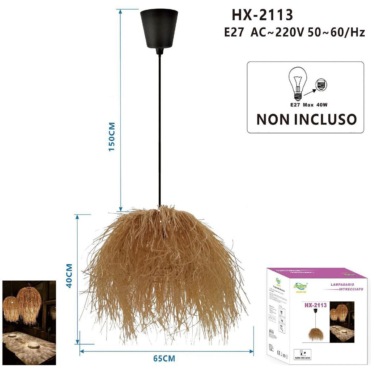 LUSTRE SUSPENSION ROTIN NATUREL JUTE TRESSÉE E27 PLAGE ET-31386
