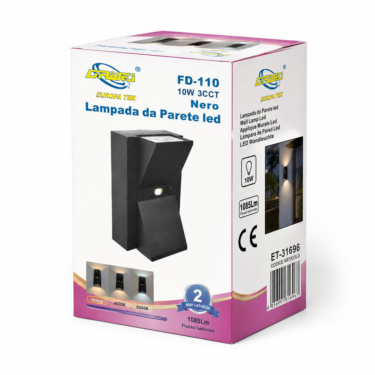 APPLIQUE LED 10W ESTERNO LAMPADA PARETE NERO IP65 3000K 4000K 6000K ET-31696