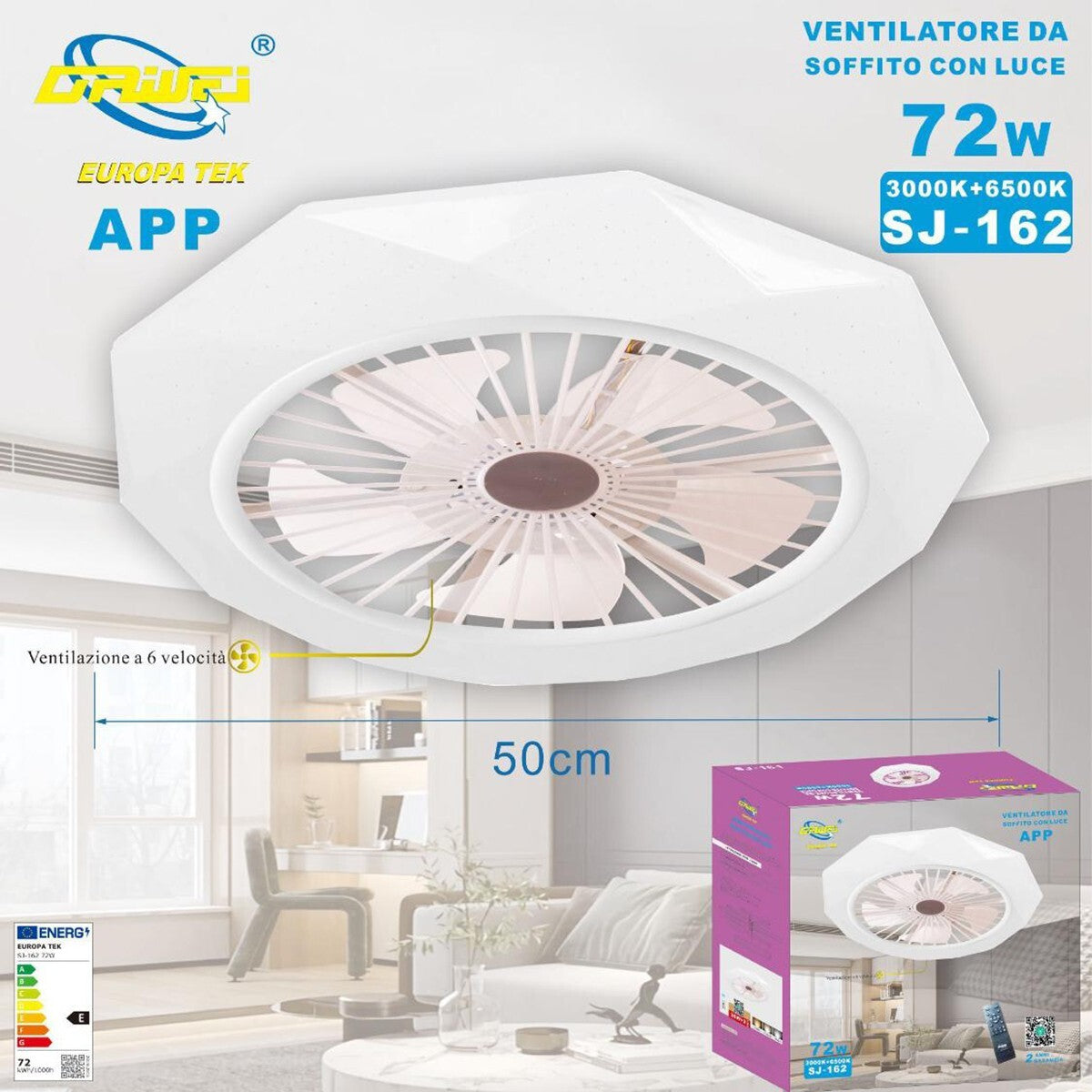 VENTILATEUR DE PLAFOND LUMIÈRE LED 3000K 6500kPLAFONNIER LUSTRE SMART 72W SJ-162