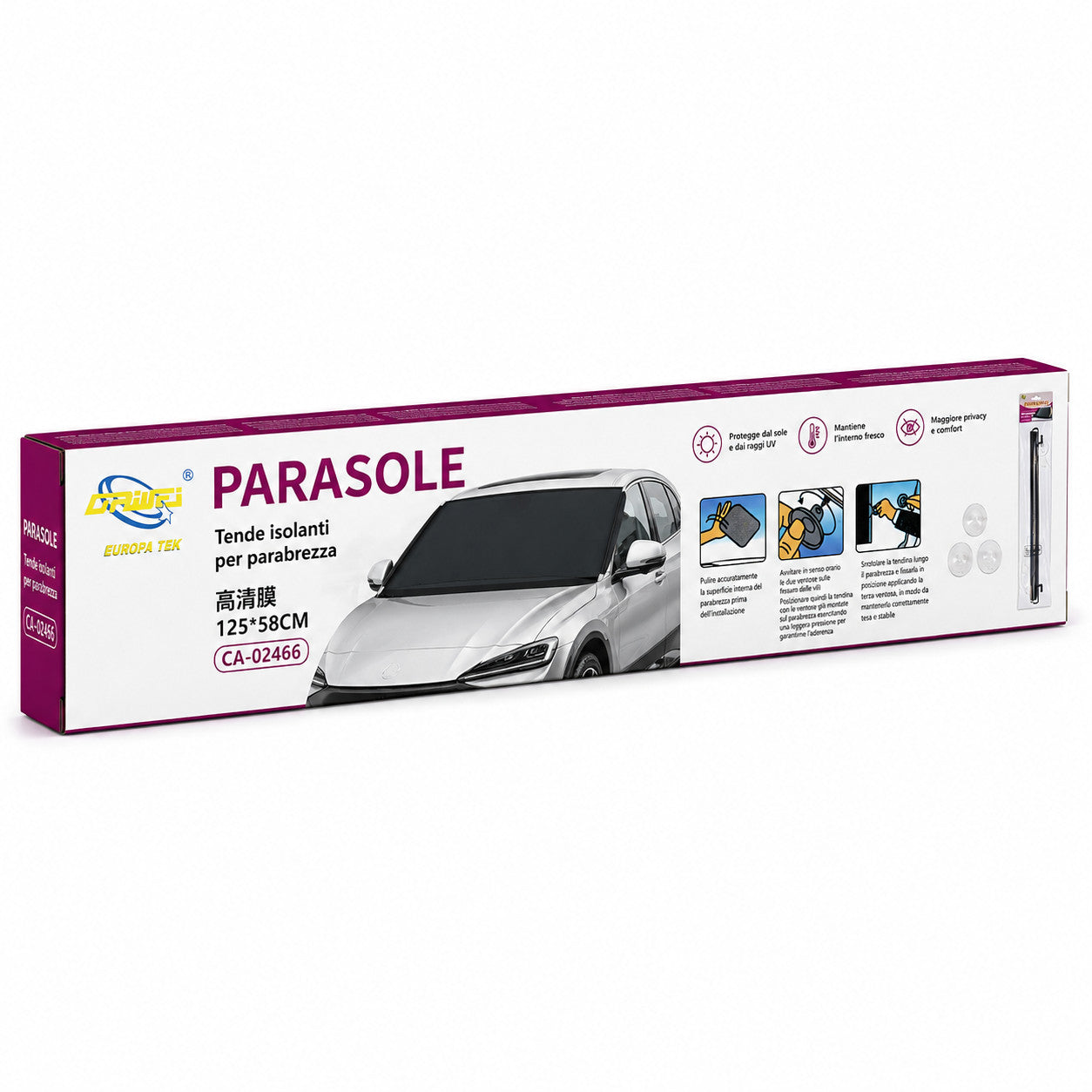 TENDINA PARASOLE AVVOLGIBILE PER AUTO 125x58CM PARABREZZA OSCURANTE CA-02466