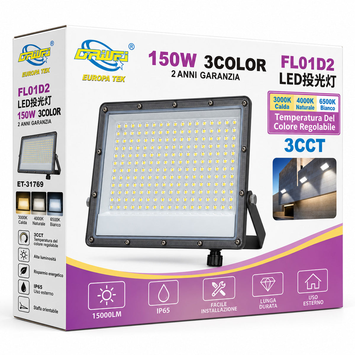 FARO LED 150W ESTERNO IP65 FARETTO GIARDINO 3CCT 3000K 4000K 6500K LUCE ET-31769