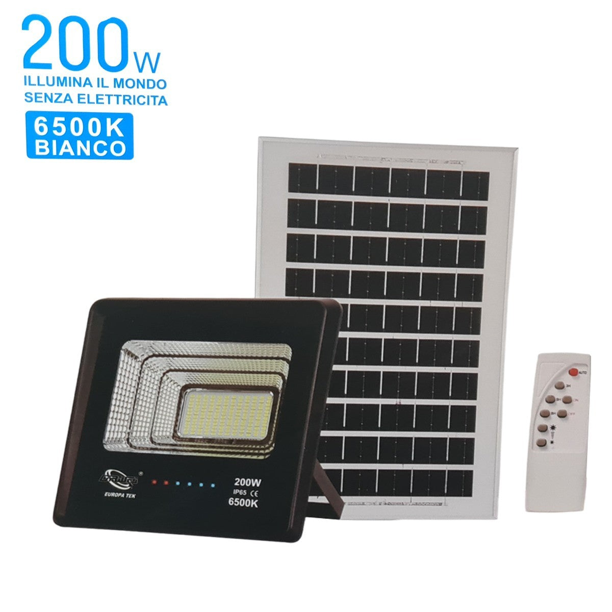 FARO LED FARETTO ALTA LUMINOSITA' PANNELLO SOLARE CREPUSCOLARE TELECOMANDO 200W