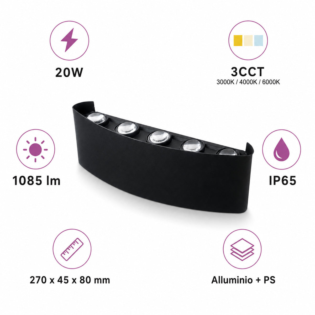 APPLIQUE LED 20W ESTERNO LAMPADA PARETE NERA IP65 3000K 4000K 6000K ET-31678