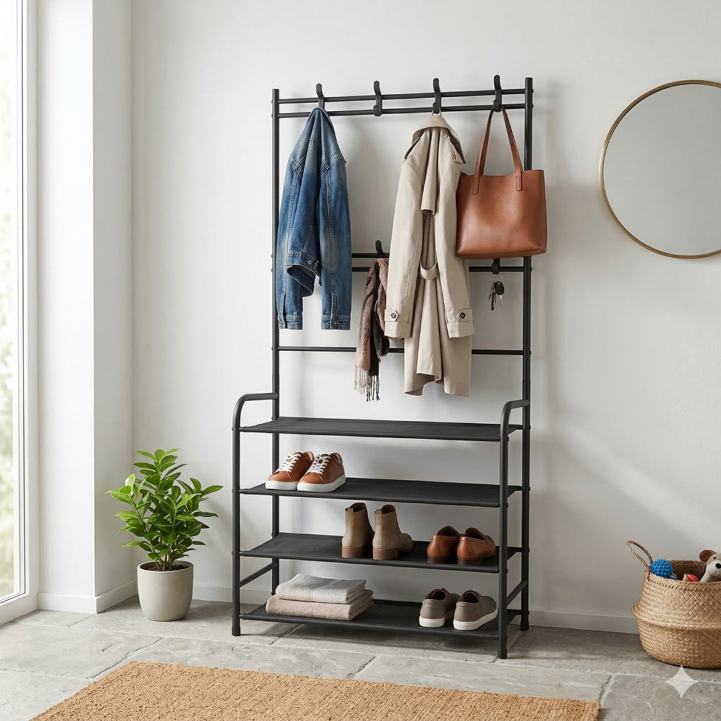 PORTE-MANTEAU AVEC ÉTAGÈRES ET CROCHETS MÉTAL GAIN DE PLACE ÉTAGÈRE À CHAUSSURES 72786