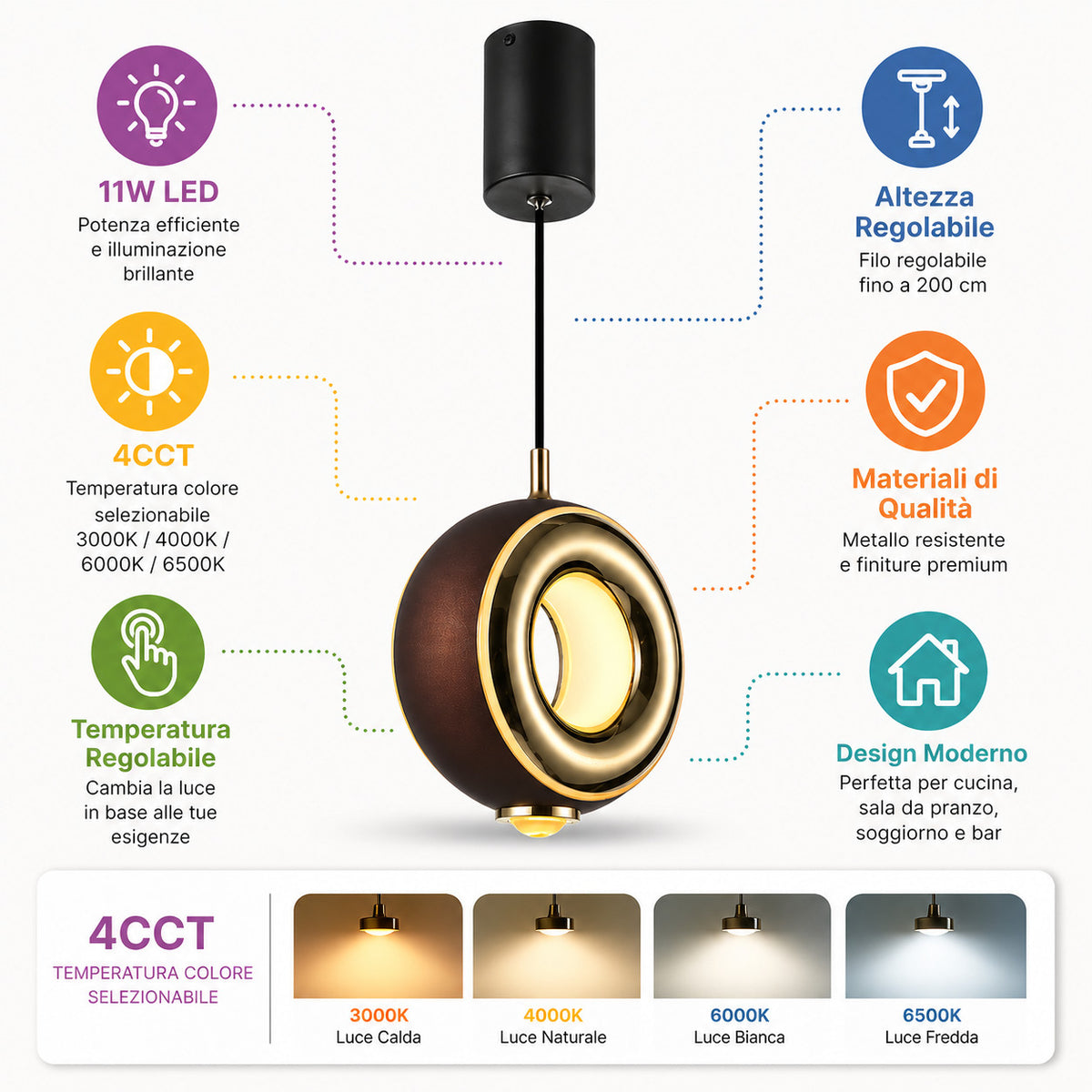 LAMPADARIO LED A SOSPENSIONE MODERNO TONDO NERO ORO 11W DIMMERABILE CCT LP026