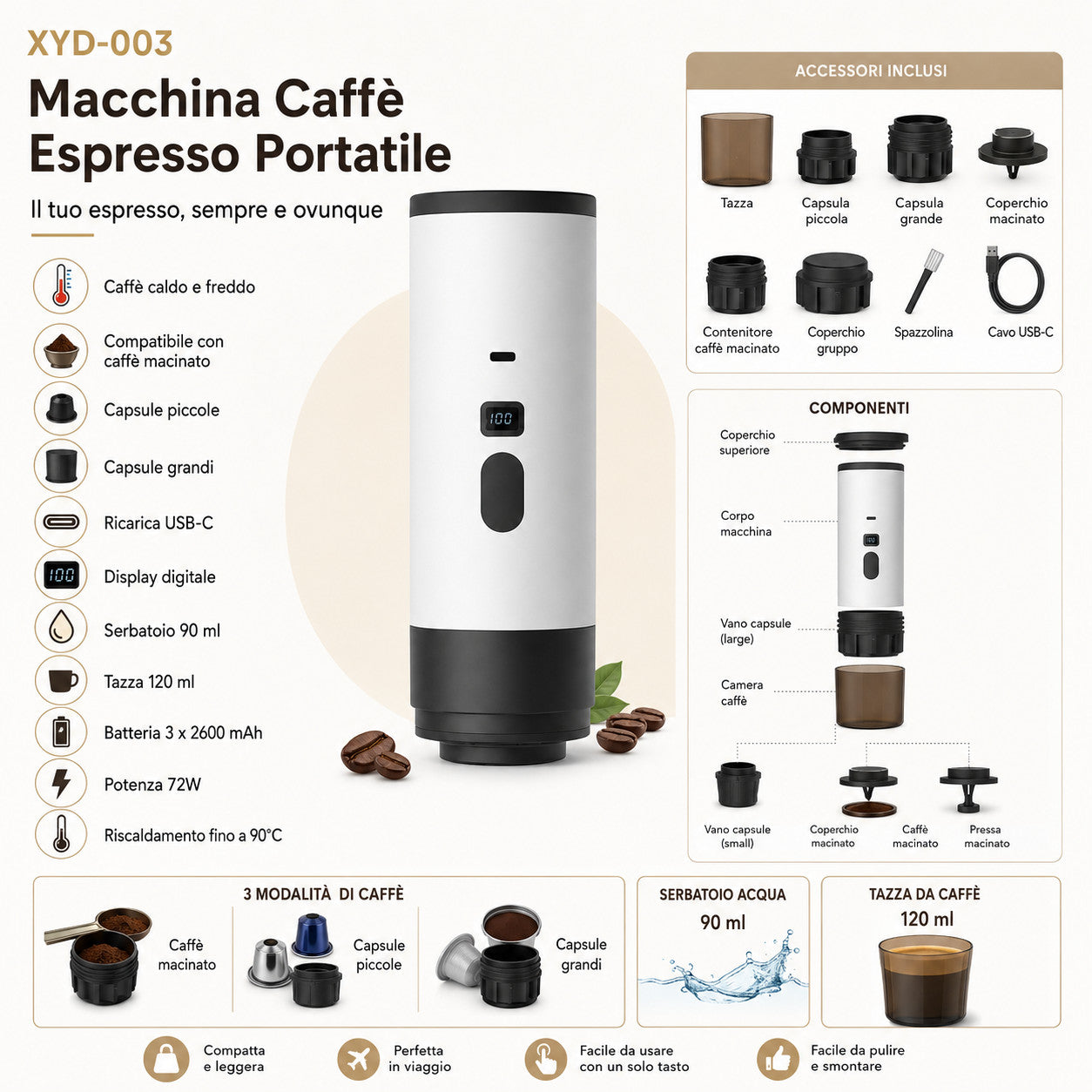 MACCHINA CAFFÈ ESPRESSO PORTATILE AUTOMATICA RICARICABILE CAPSULE E MACINATO