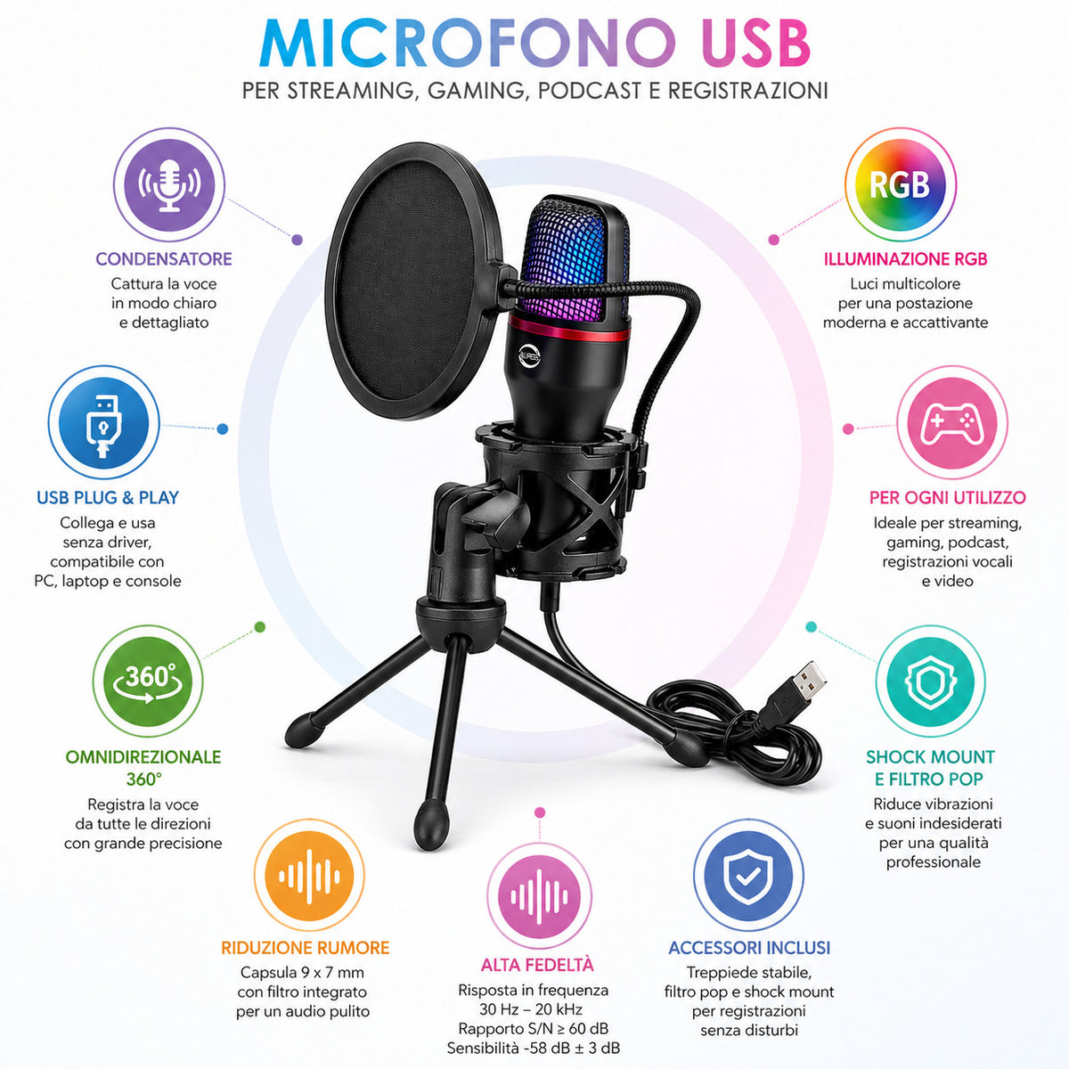 MICROFONO USB A CONDENSATORE TREPPIEDE FILTRO POP RGB STREAMING PODCAST AS-06022