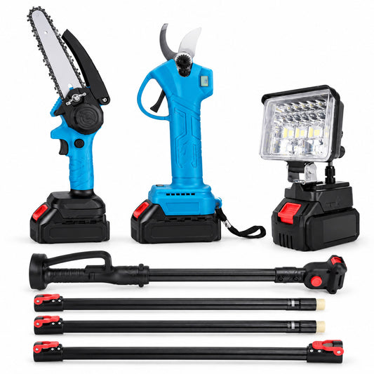 KIT POTATURA 3 IN 1 MOTOSEGA FORBICE ASTA TELESCOPICA BATTERIA LAMPADA BS-92014
