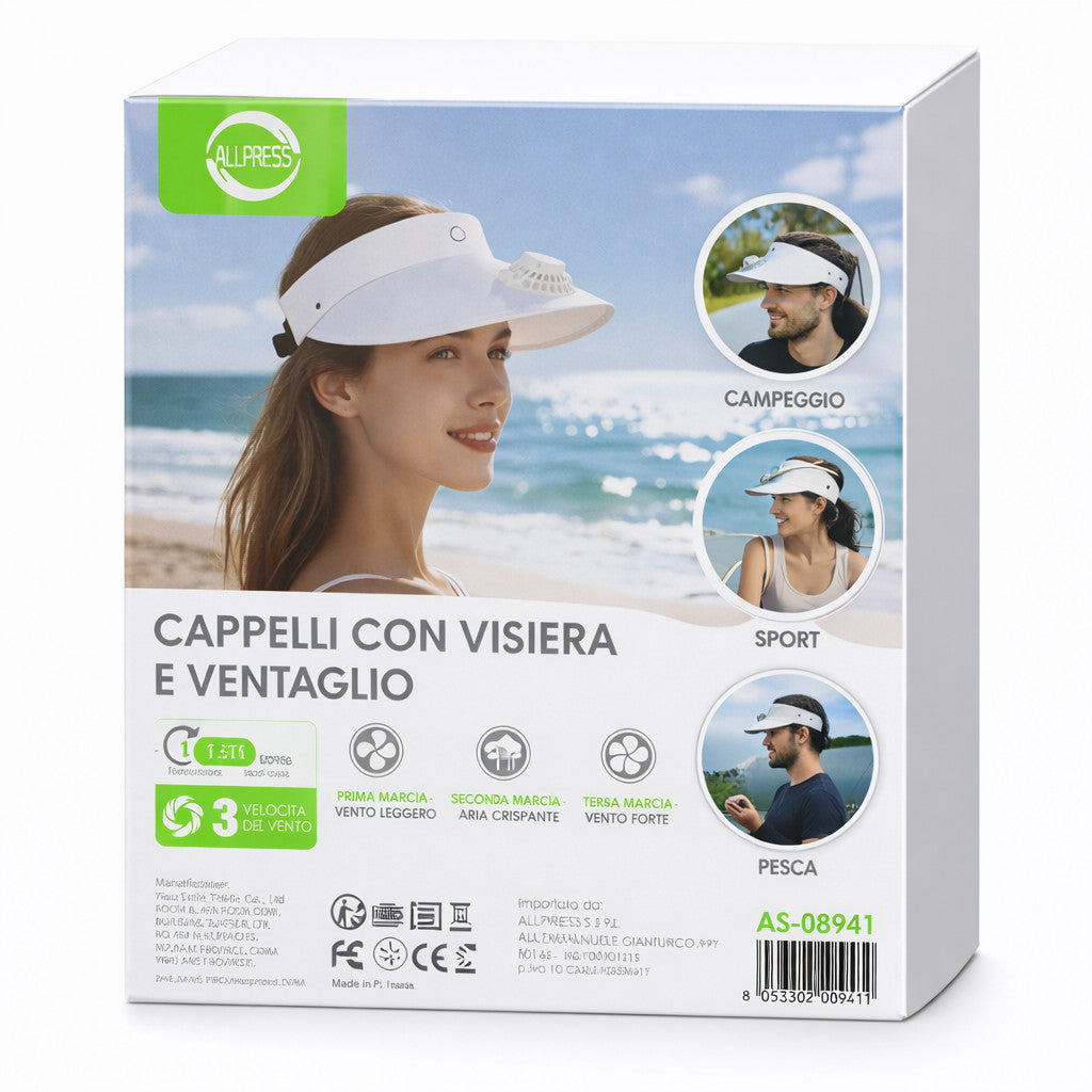 CAPPELLO CON VISIERA E VENTILATORE RICARICABILE 3 VELOCITÀ USB-C 400mAh ESTATE