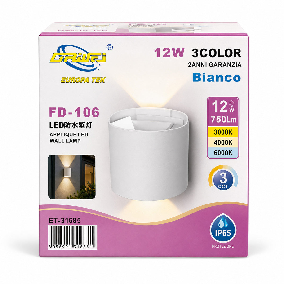 APPLIQUE LED 12W ESTERNO LAMPADA PARETE BIANCA IP65 3000K 4000K 6000K ET-31685