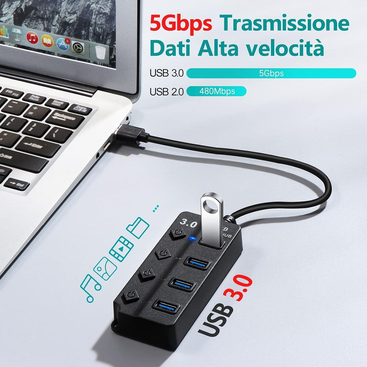 HUB USB 3.0 4 PORTE INTERRUTTORI INDIPENDENTI LED TRASFERIMENTO DATI AS-08055