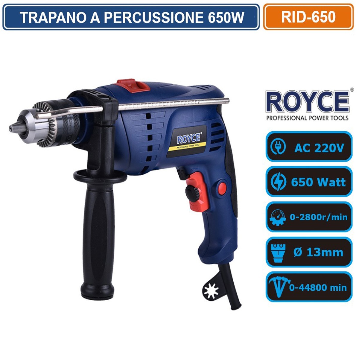 TRAPANO A PERCUSSIONE ROYCE RID-650 650W REVERSIBILE MANDRINO 1,5-13MM RE10222