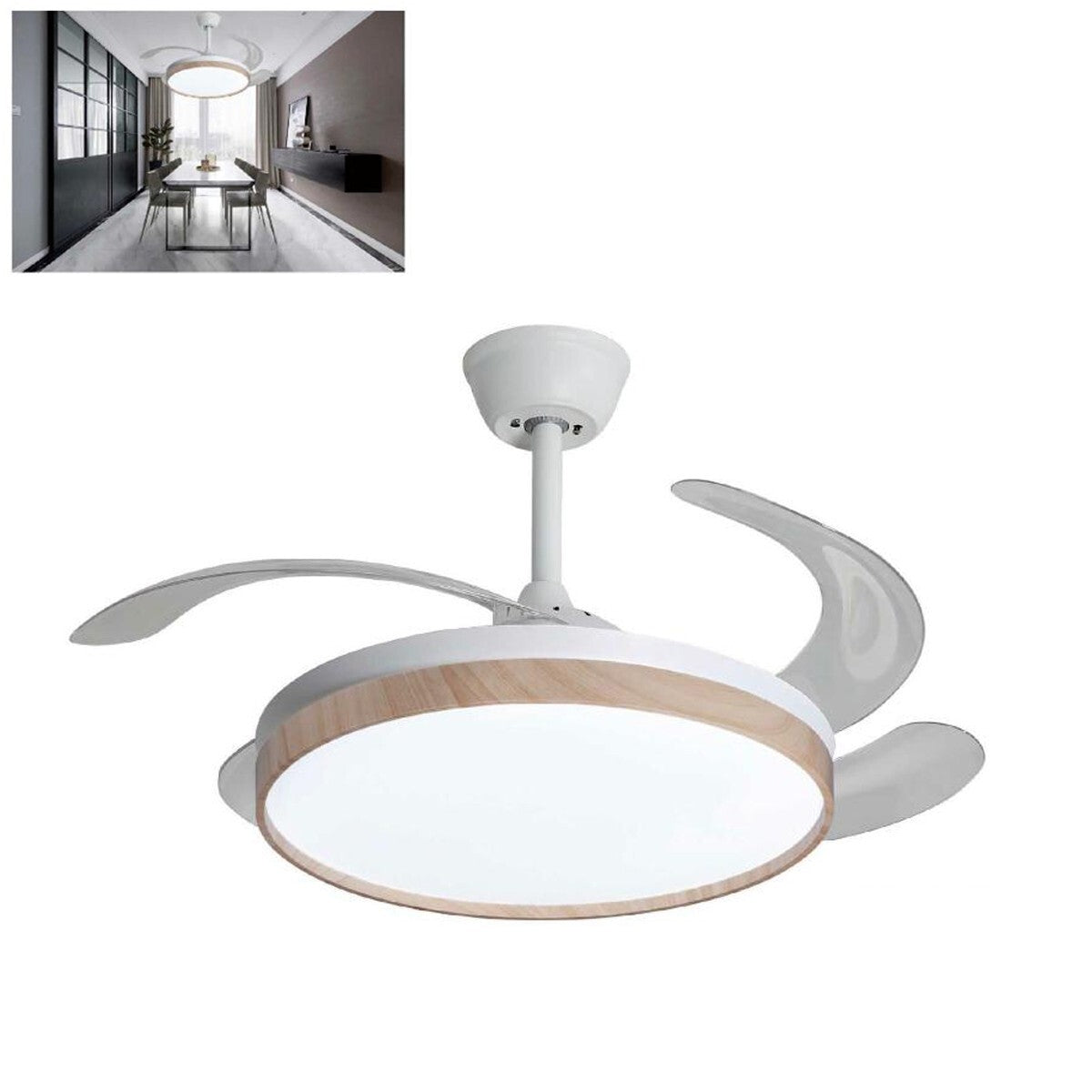 VENTILATEUR DE PLAFOND LUMIÈRE PALES RÉTRACTABLES 85W BOIS LUSTRE SUSPENSION 50CM