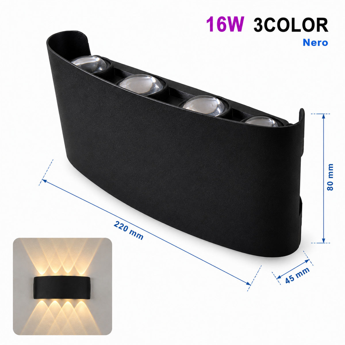 APPLIQUE LED 16W LAMPADA PARETE IP65 ESTERNO 3000K 4000K 6000K NERO ET-31675