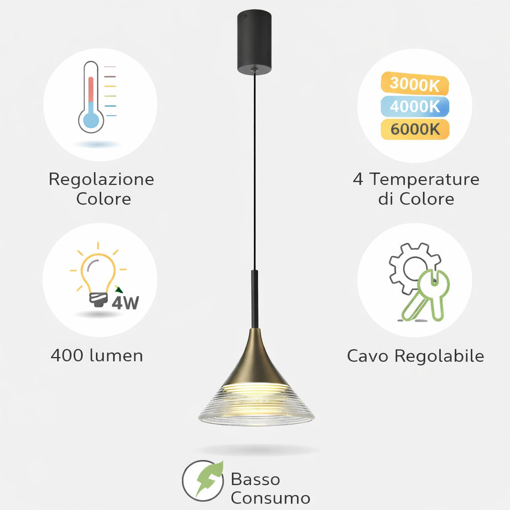 LAMPADA SOSPENSIONE LED 4W REGOLABILE 3 COLORI 3000K 4000K 6000K 400LM LP015