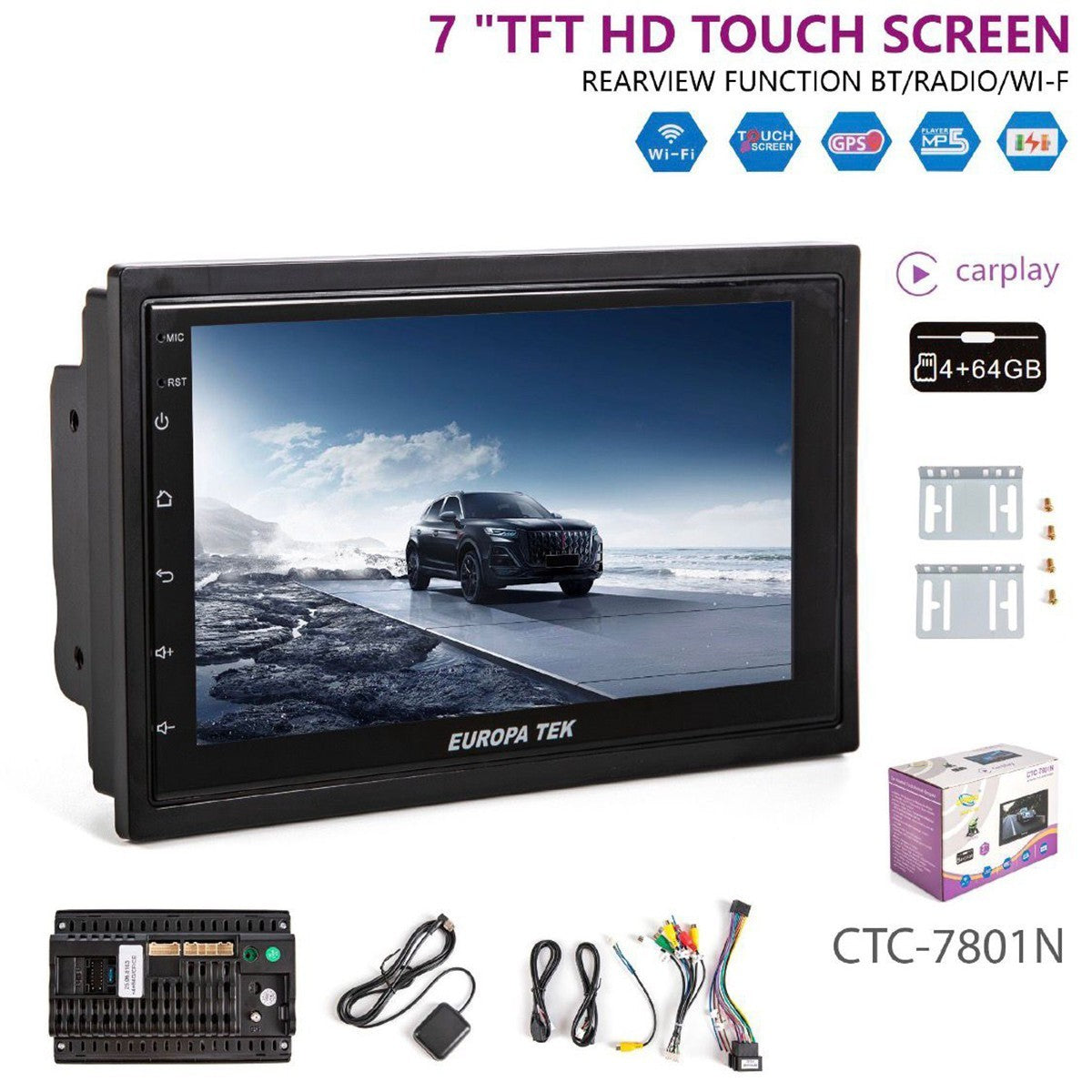 AUTORADIO VOITURE ANDROID 7" WIFI GPS BLUETOOTH CARPLAY 4+64GB TACTILE HD CTC-7801N