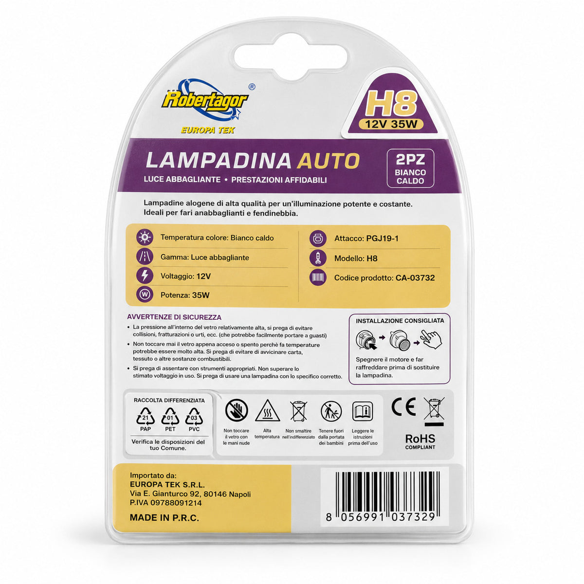 COPPIA FARI LAMPADINE ALOGENE AUTO LUCE BIANCO CALDO 3000K H8 12V 35W CA-03732