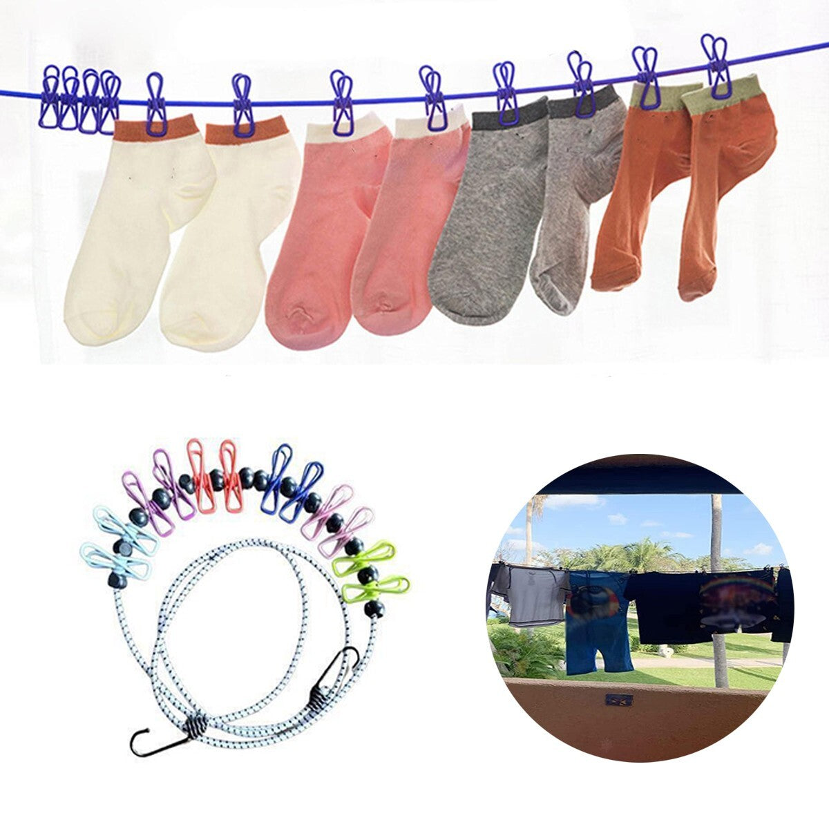 STENDIBIANCHERIA CORDA ELASTICA BALCONE CAVO DA VIAGGIO CAMPEGGIO 12 MOLLETTE