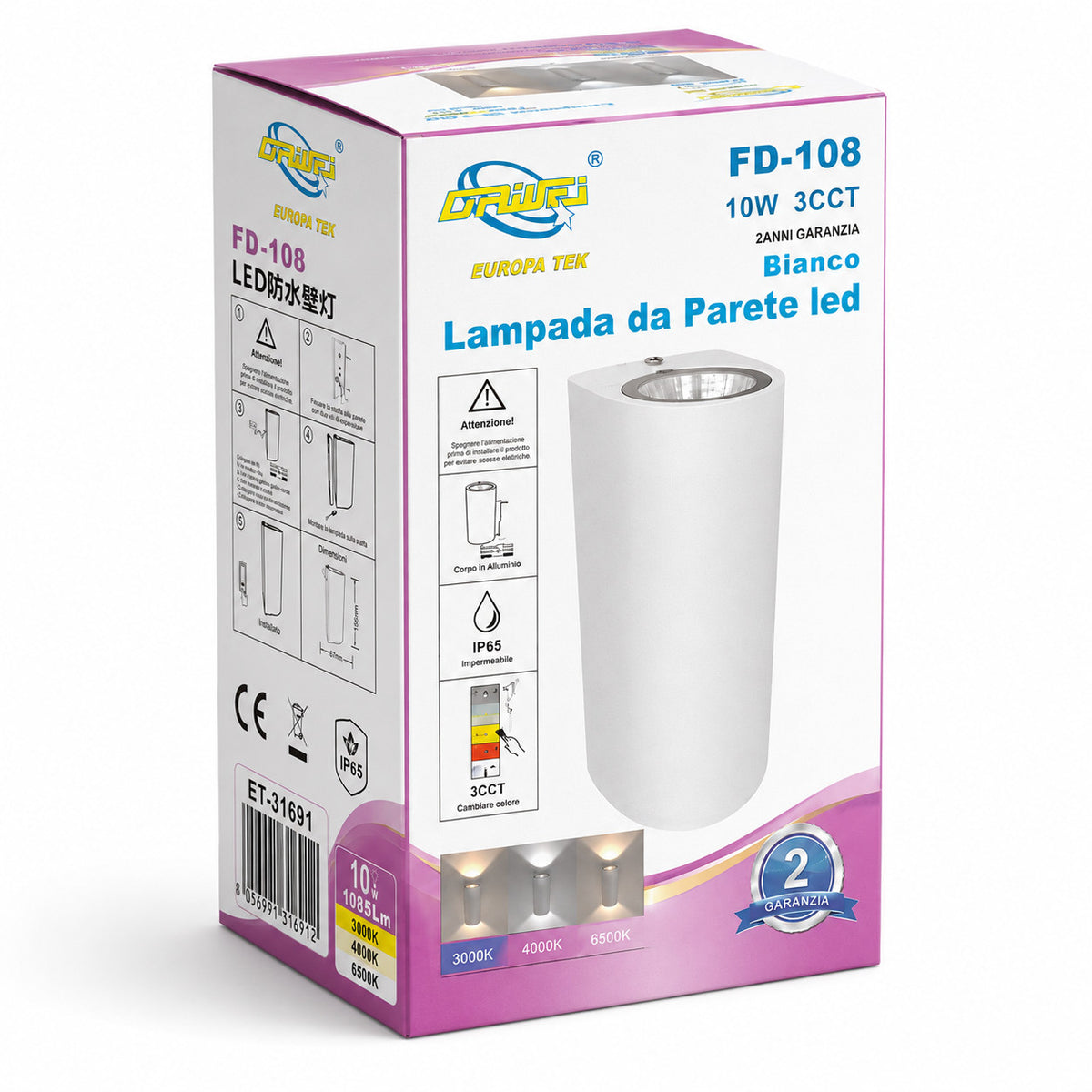 APPLIQUE LED 10W ESTERNO LAMPADA PARETE BIANCA IP65 3000K 4000K 6000K ET-31691