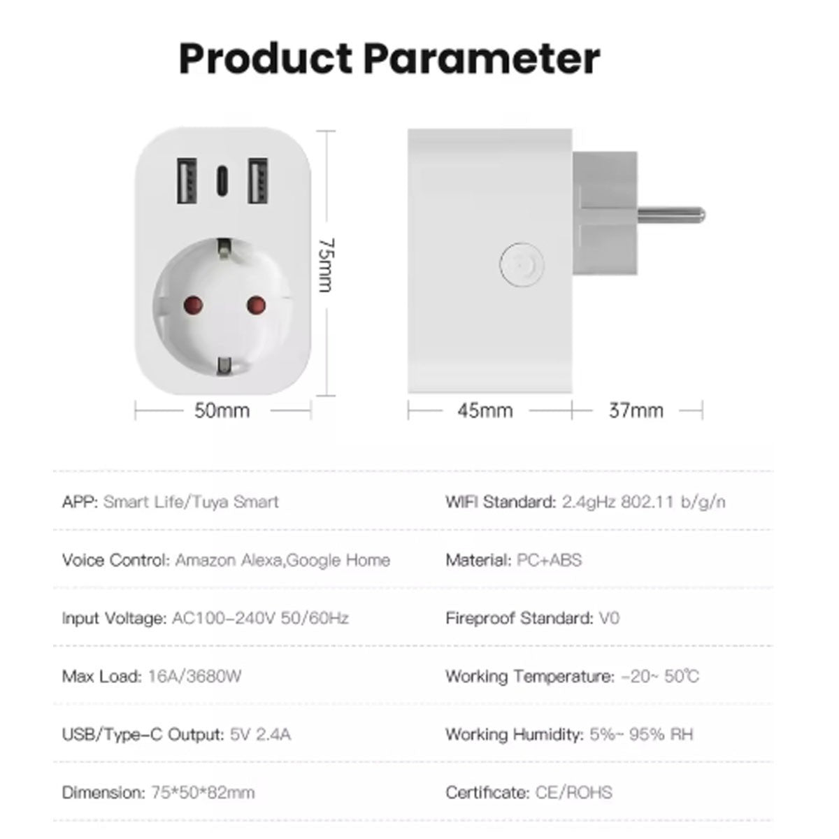PRISE INTELLIGENTE WIFI 16A 3680W USB TYPE C ALEXA GOOGLE TUYA SMART LIFE MINUTEUR WIBY