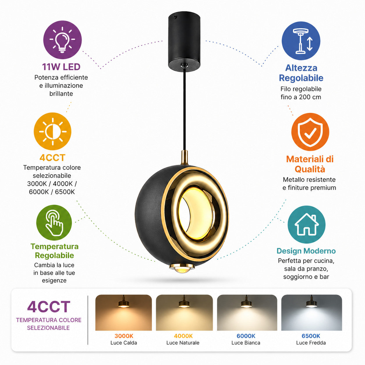 LAMPADARIO LED A SOSPENSIONE MODERNO TONDO NERO ORO 11W DIMMERABILE CCT LP027