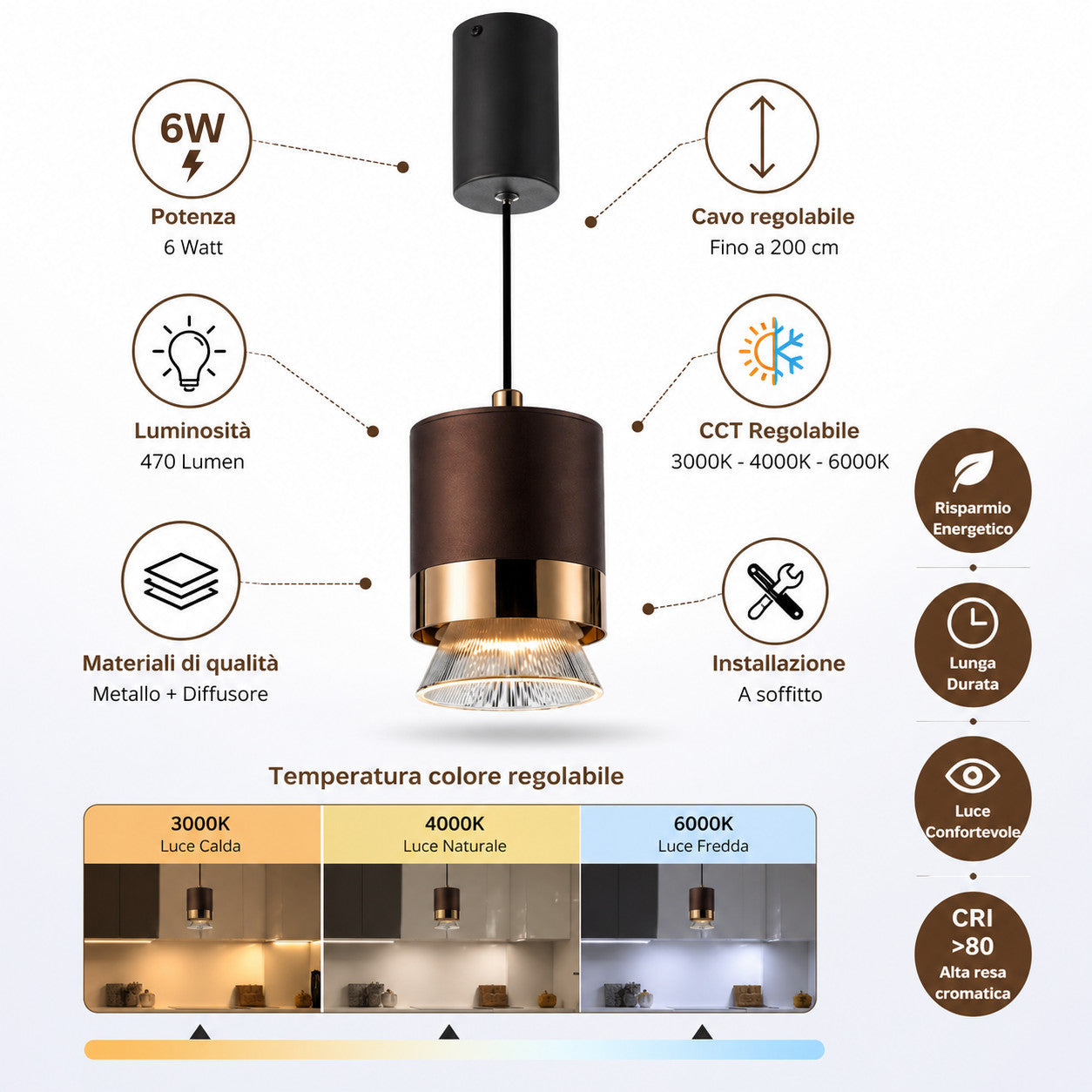 LAMPADARIO LED A SOSPENSIONE MODERNO MARRONE ORO REGOLABILE 3000K-6000K LP035