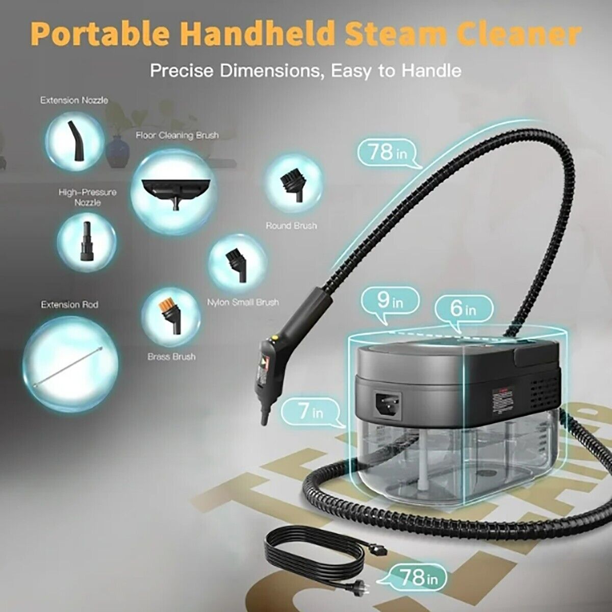 PULITORE A VAPORE PORTATILE 7 ACCESSORI SERBATOIO 1,6L CASA AUTO PAVIMENTI