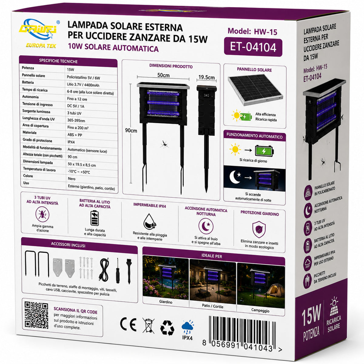 LAMPADA SOLARE ANTIZANZARE 15W UV ESTERNO UCCIDI INSETTI RICARICABILE IP65 04104