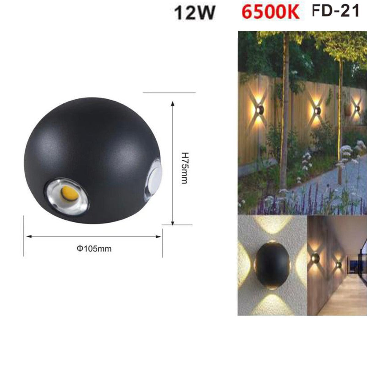 APPLIQUE LED 4 COB LAMPE MURALE RONDE 12W NOIR FROID 6500K EXTÉRIEUR FD-21*