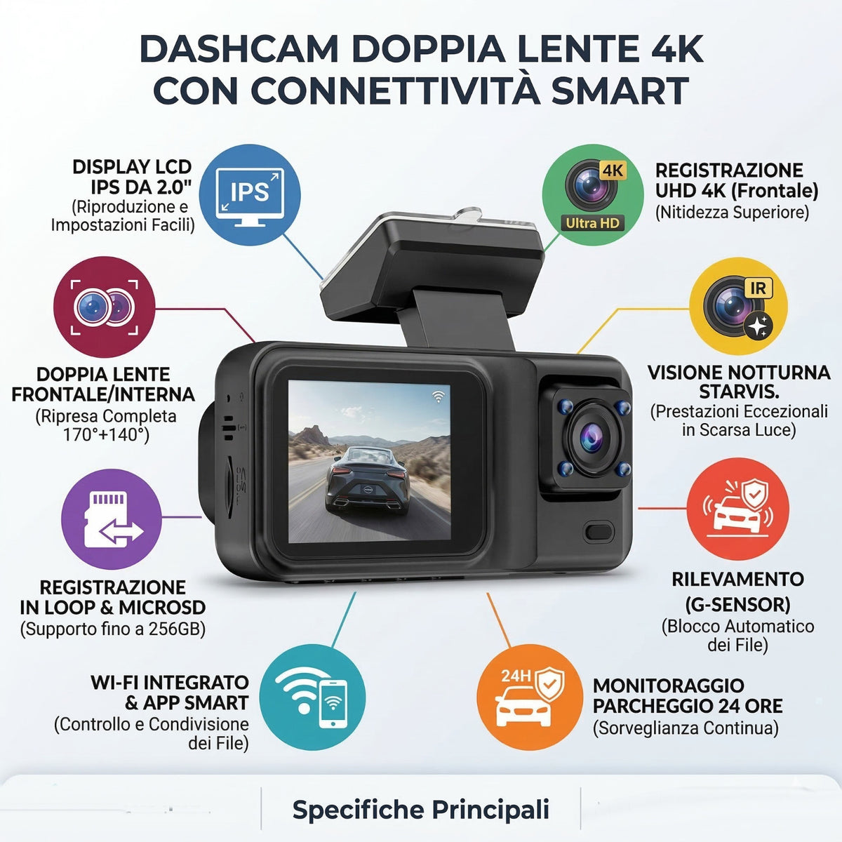 DASH CAM AUTO WIFI 1080P TELECAMERA AUTO SCHERMO 2" GRANDANGOLO AS-08126