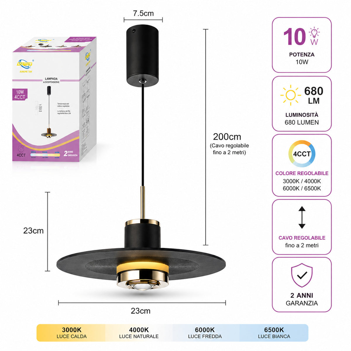 LAMPADARIO LED SOSPENSIONE MODERNO NERO ORO 10W DIMMERABILE CCT REGOLABILE LP022