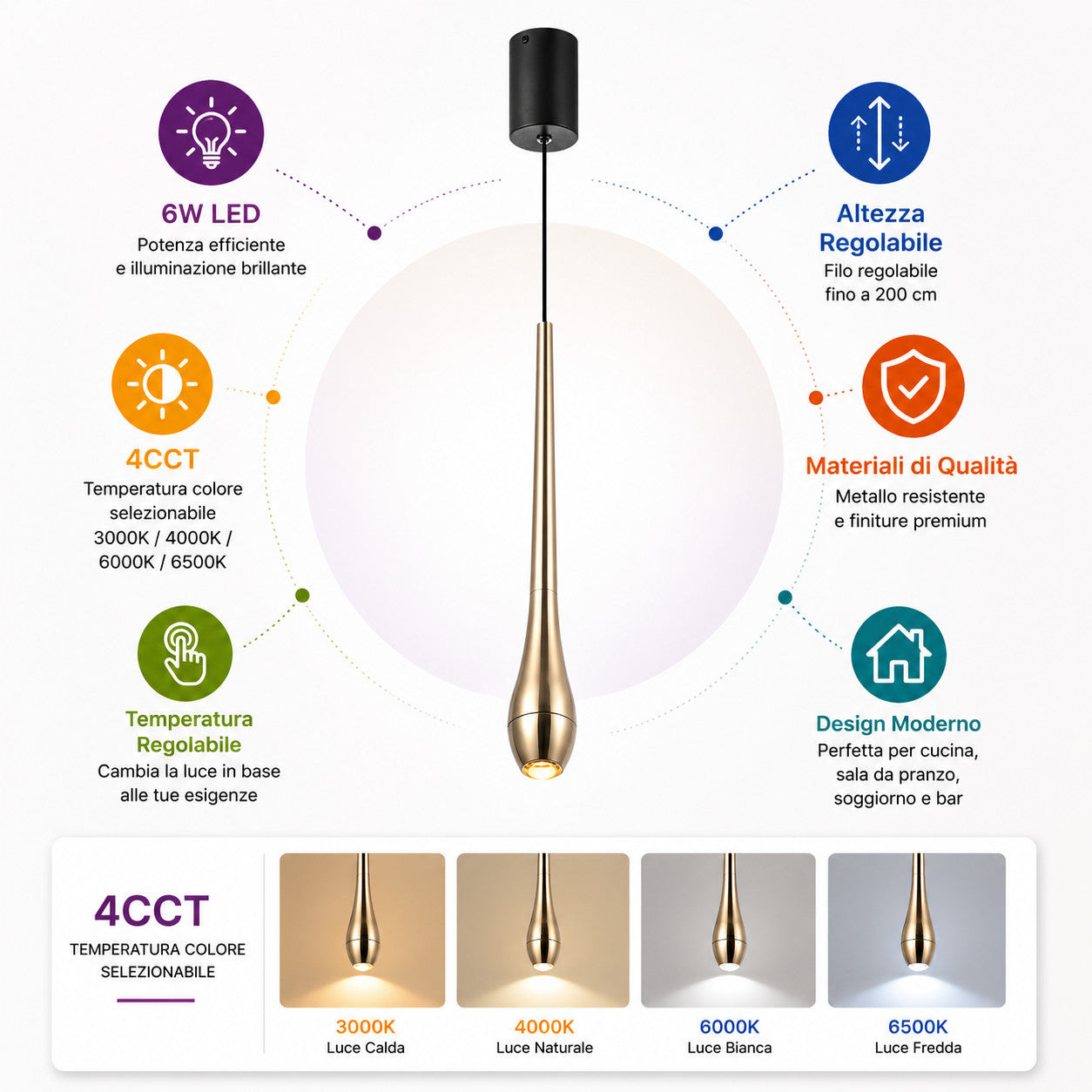 LAMPADARIO LED A SOSPENSIONE MODERNO SLIM ORO 6W DIMMERABILE CCT LP029