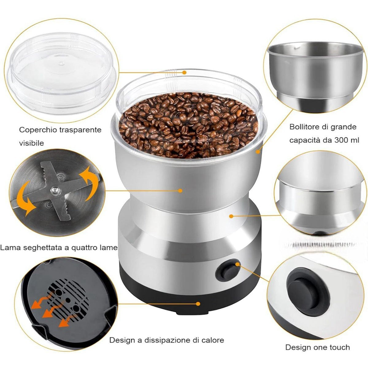MACINACAFFE ELETTRICO 150W IN ACCIAIO INOX CAFFE SPEZIE SEMI USO CUCINA MY-7218