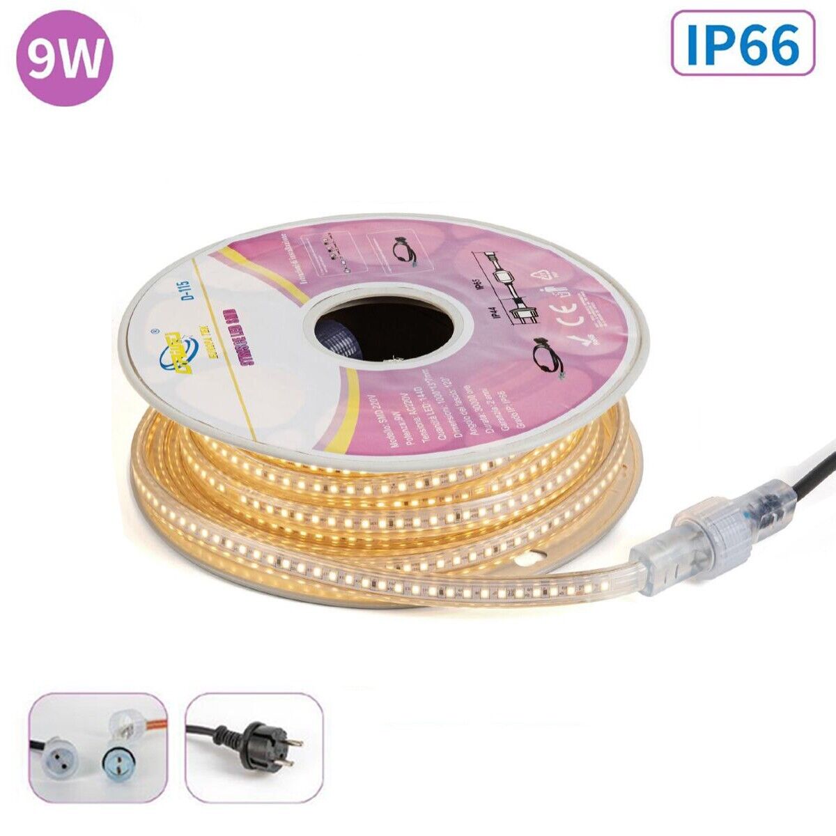 STRISCIA LED SMD 9W 10MT IP66 IMPERMEABILE LUCE BIANCO CALDA ESTERNO INTERNO