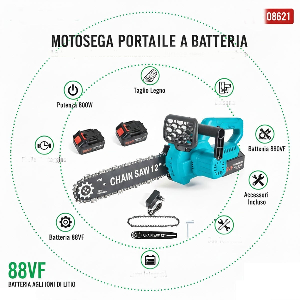 MOTOSEGA 12" PORTATILE RICARICABILE A BATTERIA 88V POTATURA LEGNO 800W 08621