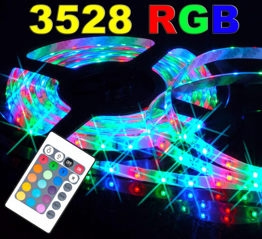 BANDE LED SMD 3528 RVB IP65 5 MÈTRES BOBINE AVEC ALIMENTATION ET TÉLÉCOMMANDE