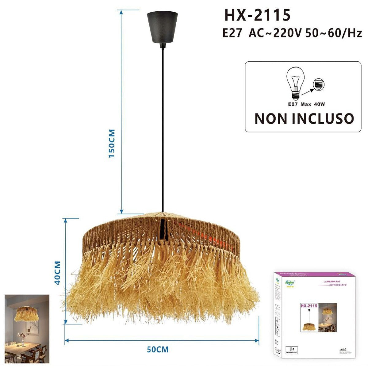 LUSTRE SUSPENSION ROTIN NATUREL JUTE TRESSÉ E27 PLAGE ET-31387
