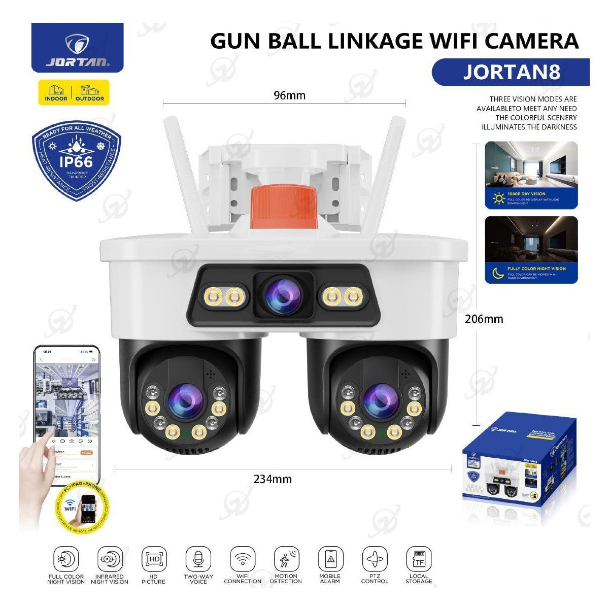 TELECAMERA WIFI JORTAN 8 DOPPIA LENTE HD ESTERNO IP66 VISIONE NOTTURNA COLORI