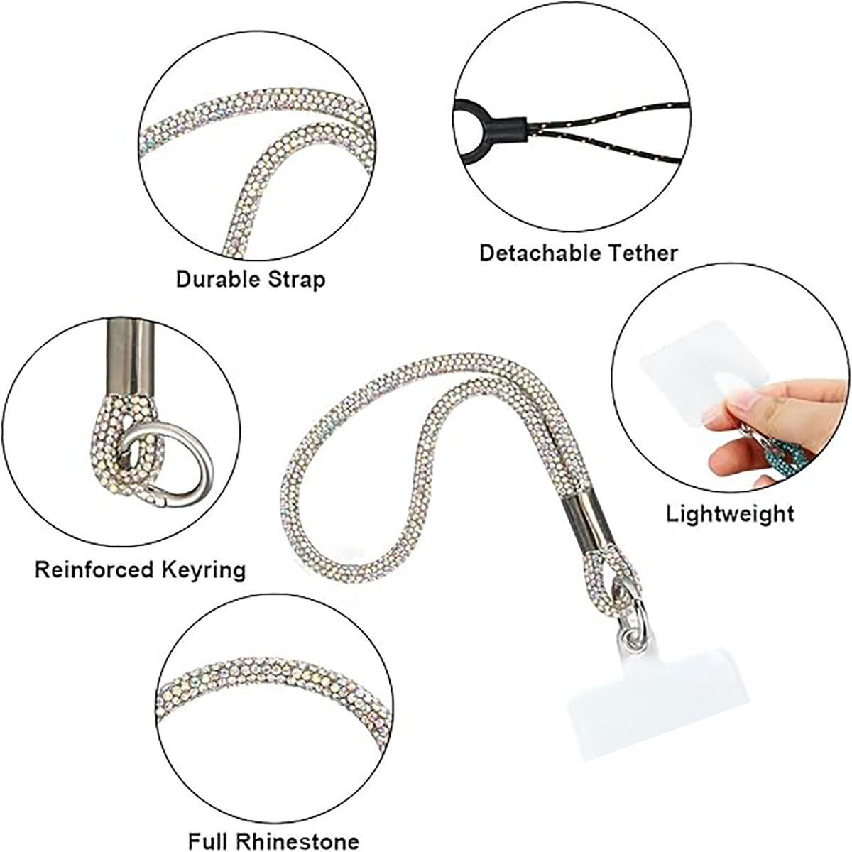LACCETTO CATENA CORTA CORDINO DA POLSO CELLULARE STRASS UNIVERSALE SMARTPHON