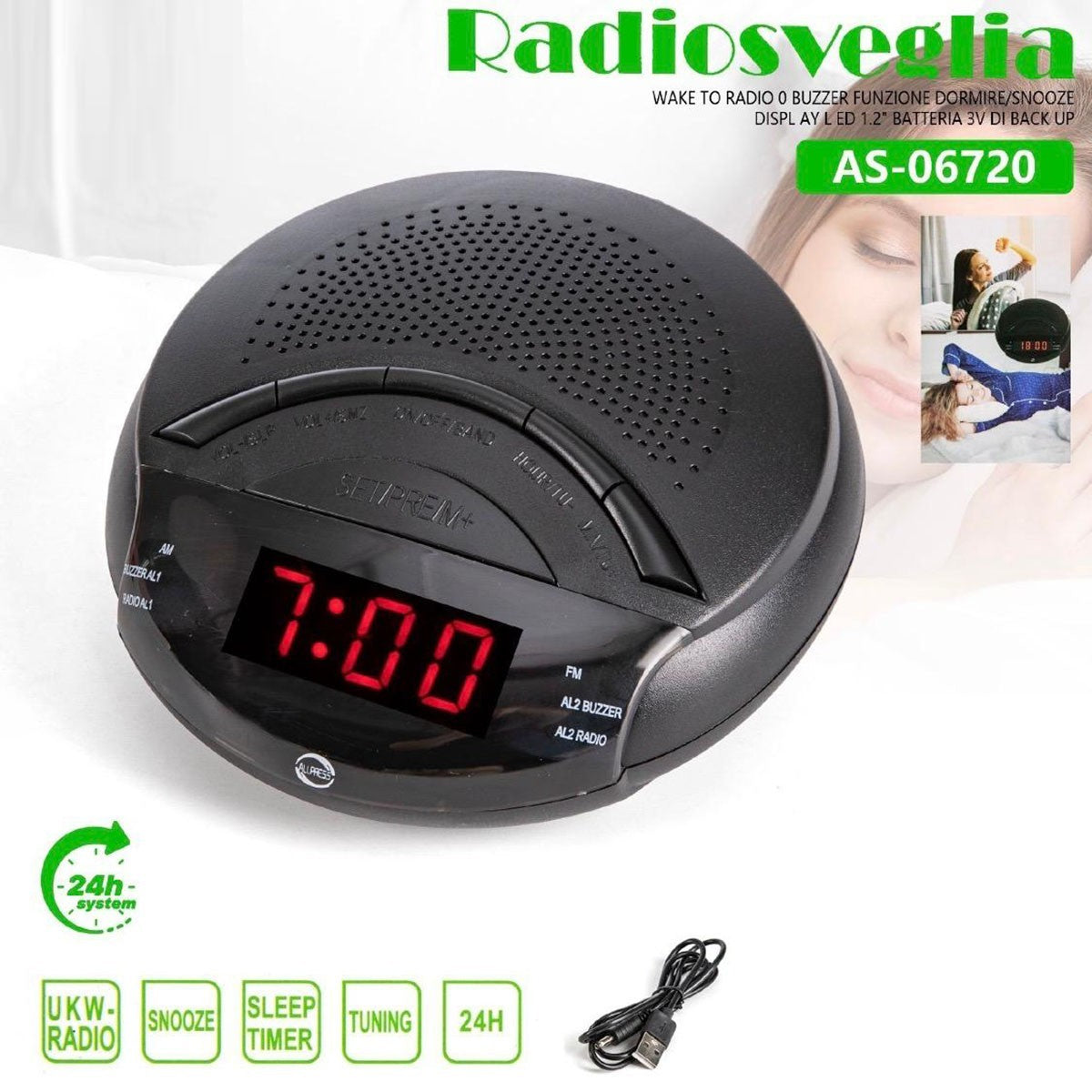 RADIO SVEGLIA DIGITALE DISPLAY LED ROSSO RADIOSVEGLIA OROLOGIO COMODINO FM 06720