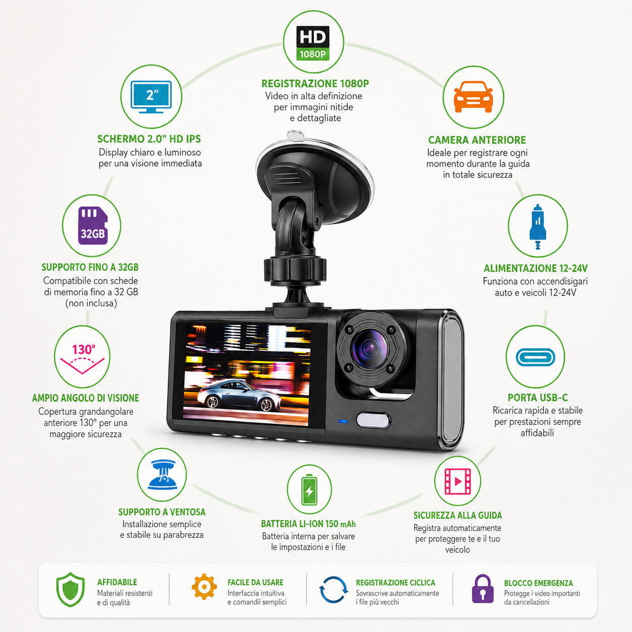 DASH CAM AUTO ANTERIORE 1080P SCHERMO 2" REGISTRATORE GUIDA HD TELECAMERA AUTO