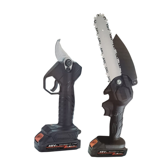 KIT 2 FORBICE A BATTERIA DA POTATURA E MOTOSEGA 4" VALIGIA CESOIA 48V 2 BATTERIE