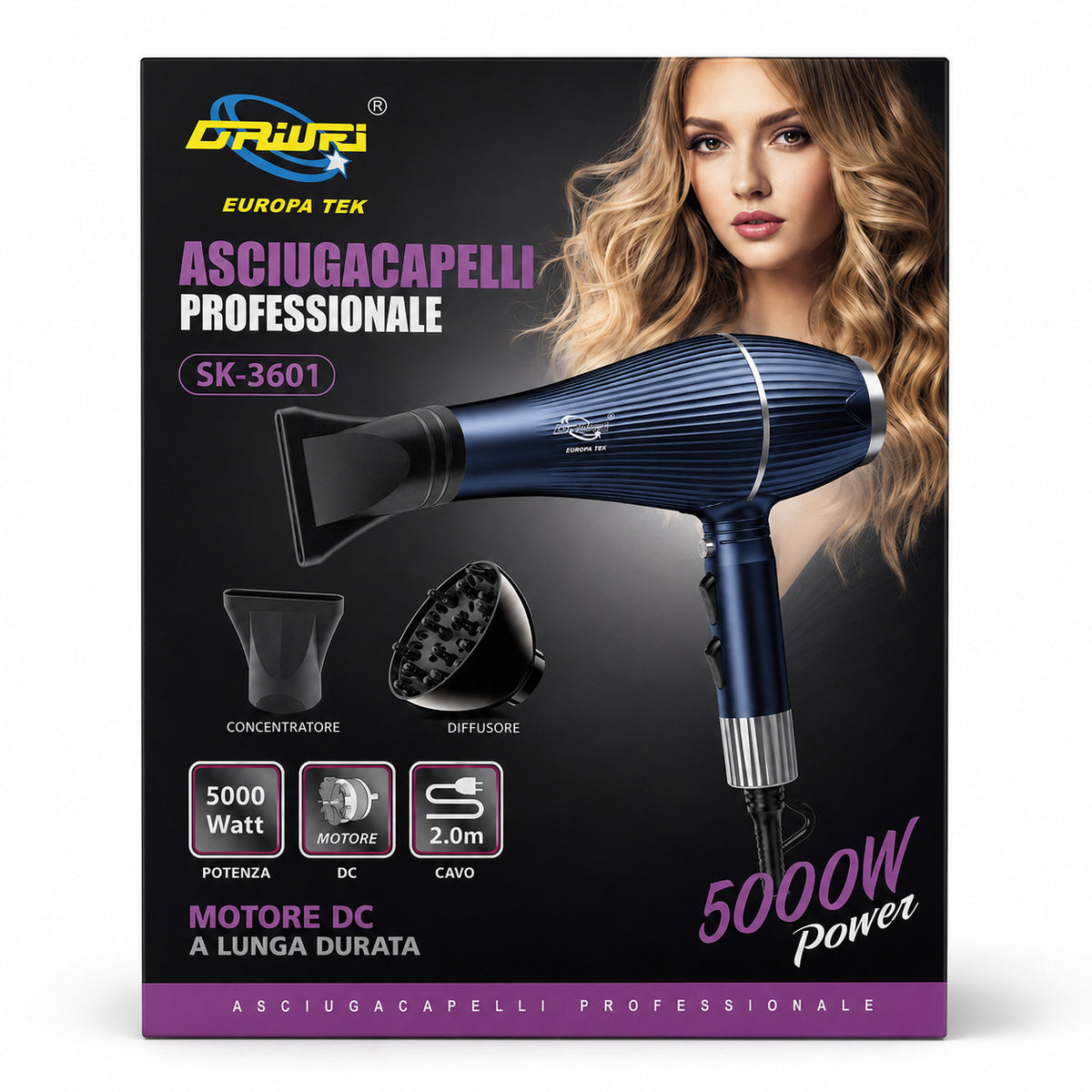 ASCIUGACAPELLI PROFESSIONALE 5000W PHON IONICO DIFFUSORE 2 VELOCITÀ SK-3601