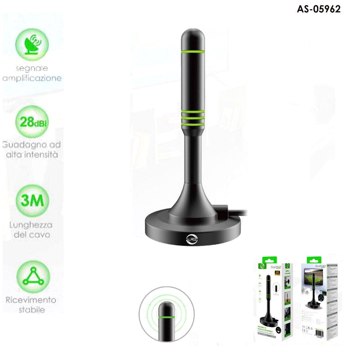ANTENNA DIGITALE TERRESTRE PORTATILE BASE MAGNETICA DVB-T 28DB AUTO CAMPER CASA TV TELEVISIONE