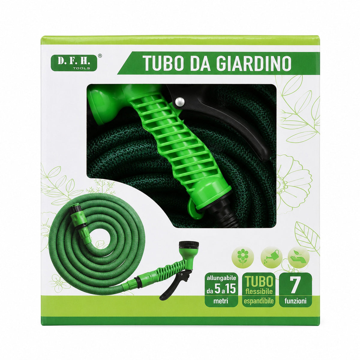 TUBO DA GIARDINO PIANTE FLESSIBILE ESTENSIBILE 15 METRI CON PISTOLA 7 FUNZIONI